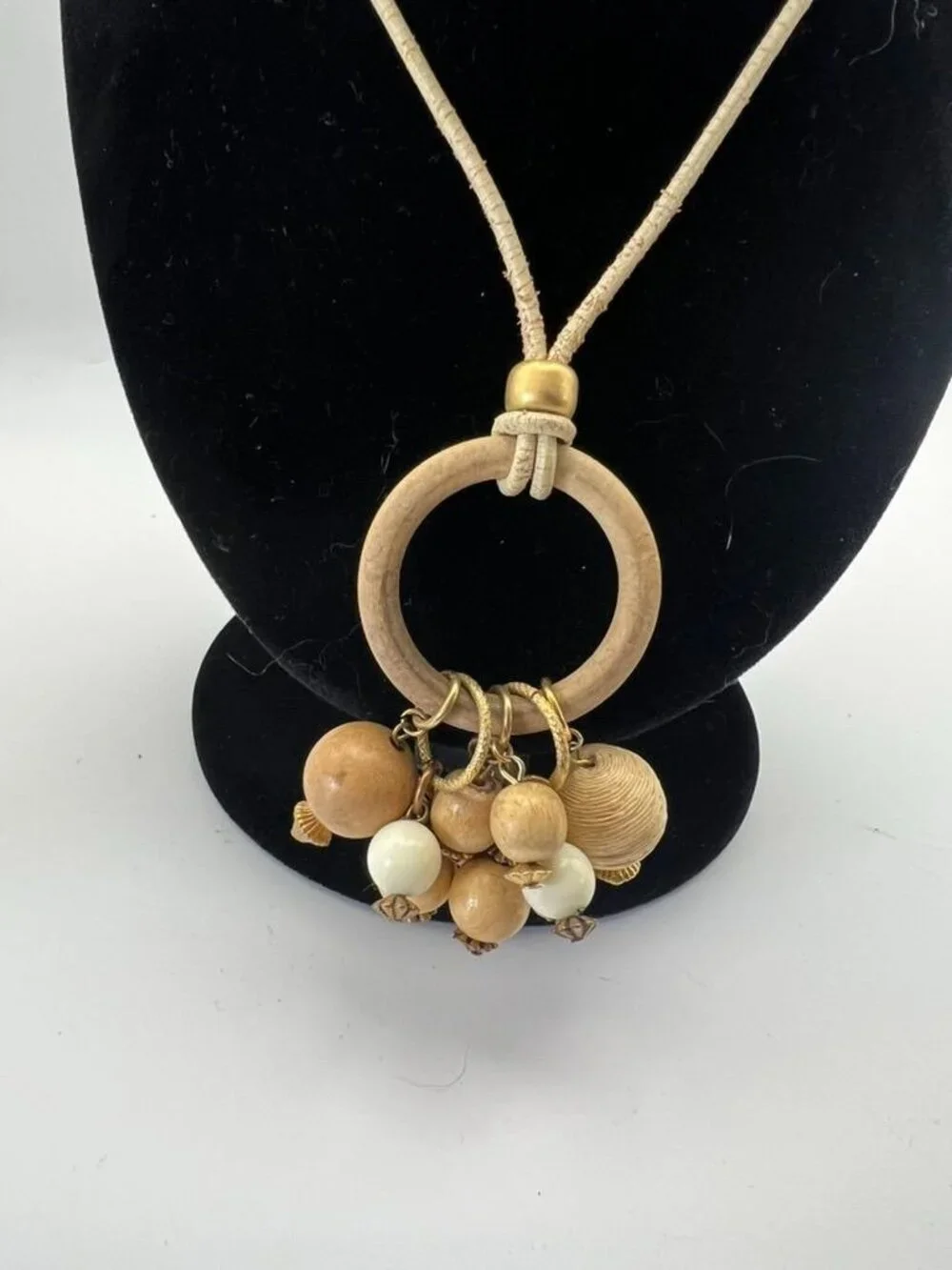 Vintage Boho Wood Bead Necklace Long Cord Gold Tone Charm Cluster Pendant